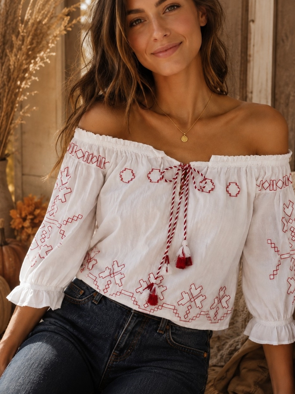 Harlyn Anthropologie White Red Embroidered Peasant Blouse – Size S